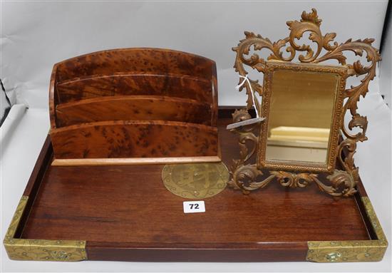 A Chinese tray, brass mirror and stationary stand